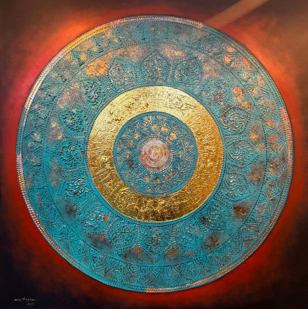 Golden Mandala — a large turquoise gong form ringed in gold leaf on a copper-red ground, hand-painted by Samran Thongkam