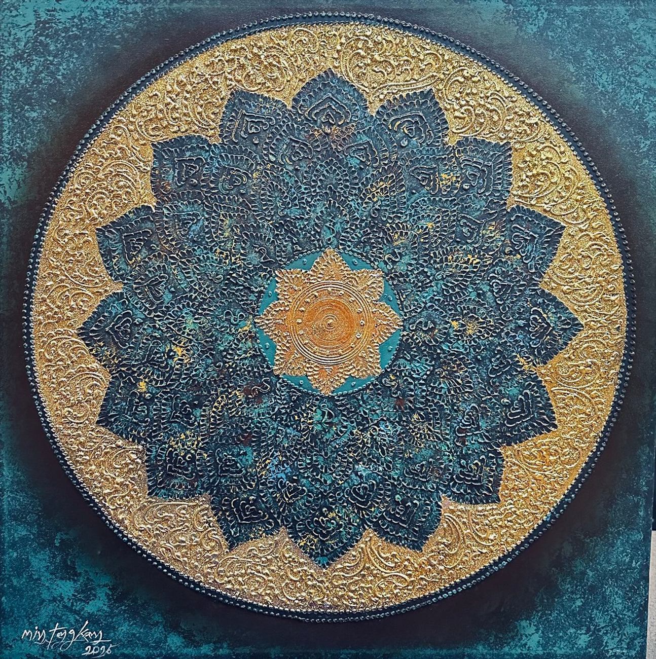Golden Teal Mandala — a sixteen-petal lotus mandala in raised gold on a verdigris ground