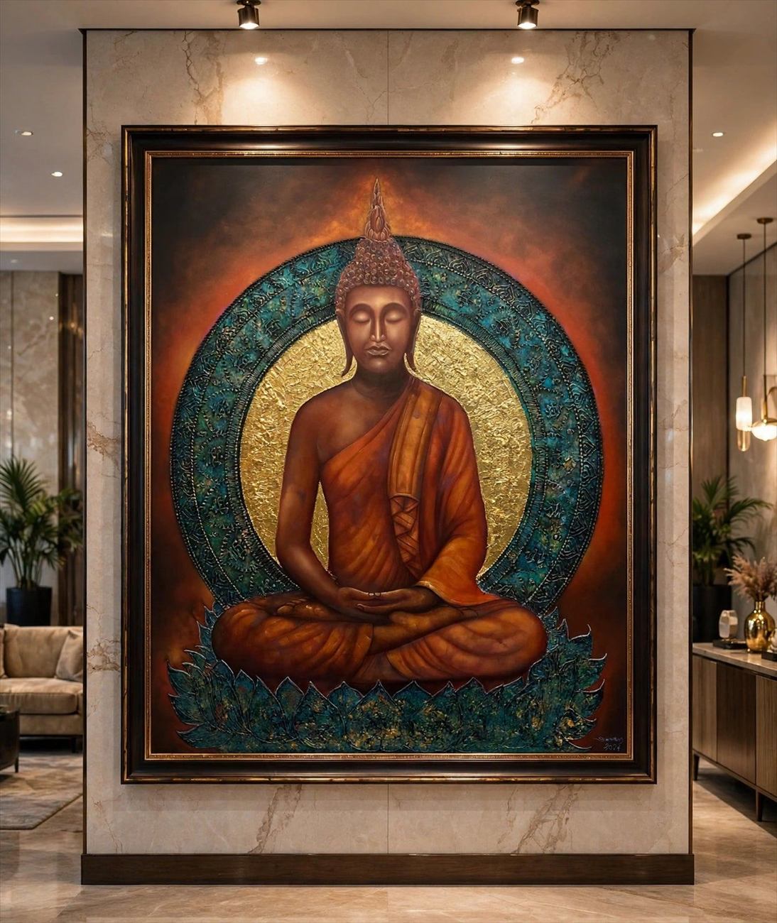 Santi Pabassara — a seated Buddha in gold leaf against a teal-indigo halo, shown hung in a hotel interior